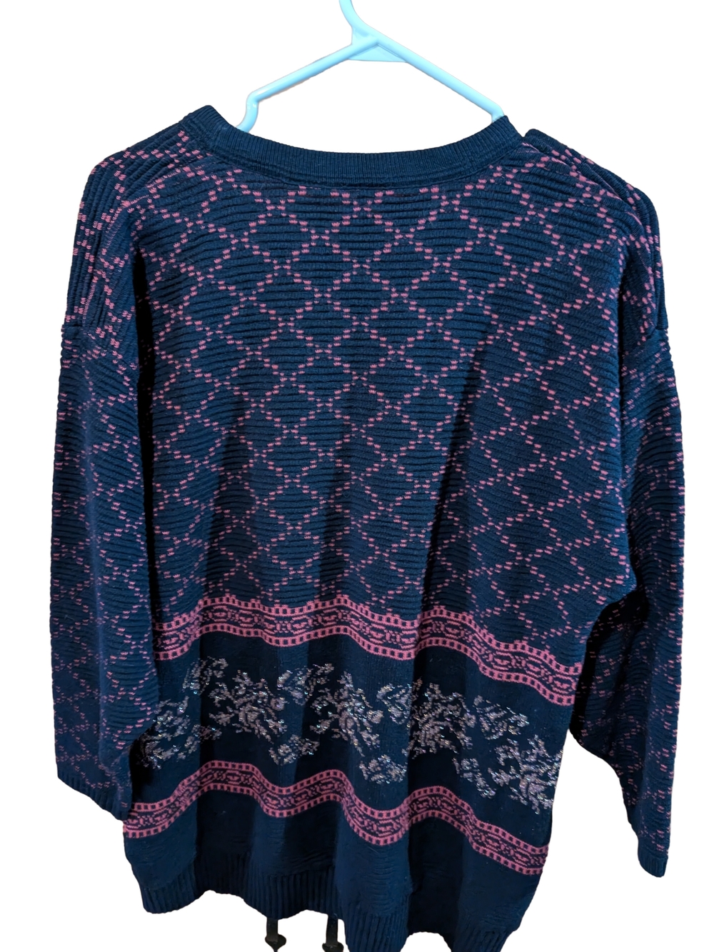 Women's Navy and Pink Patterned Pullover Sweater - Picture 2 of 3